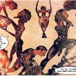 Pintura antigua Grecia que refleja la esclavitud en las minas, editada con textos.