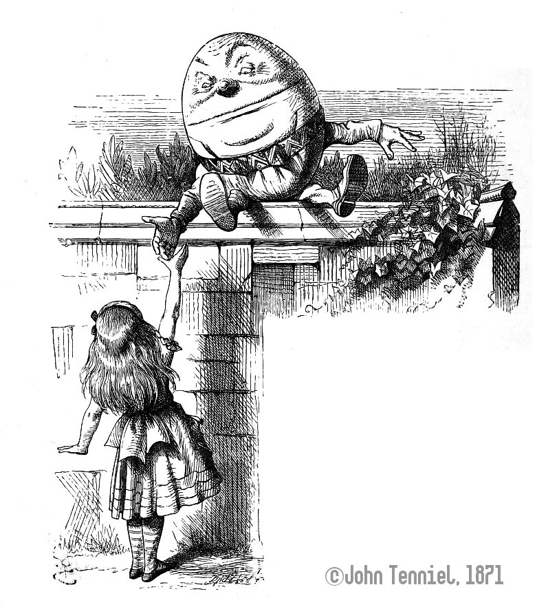 Ilustración de Humpty Dumpty en «A través del espejo», realizada por John Tenniel en 1871. (Dominio público).