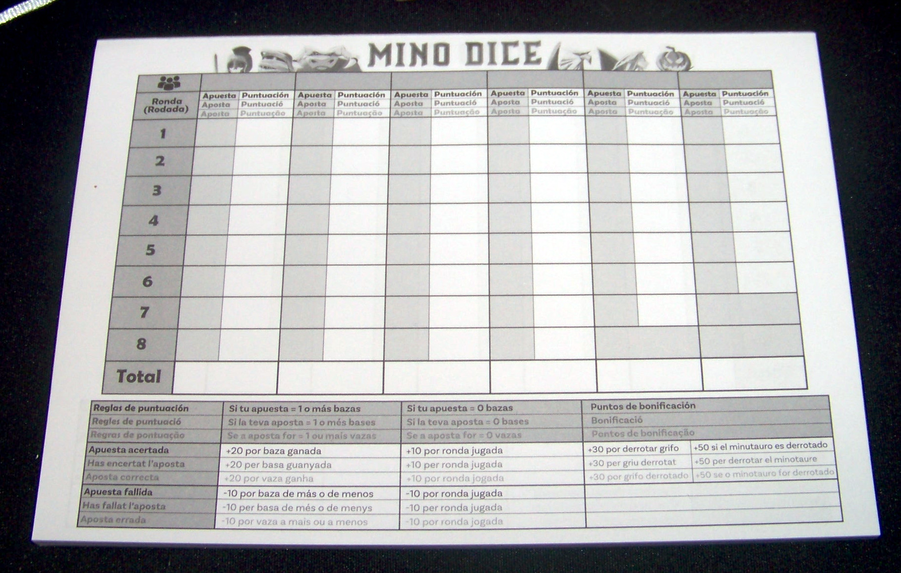 Juego de mesa Mino Dice - hoja de puntuación
