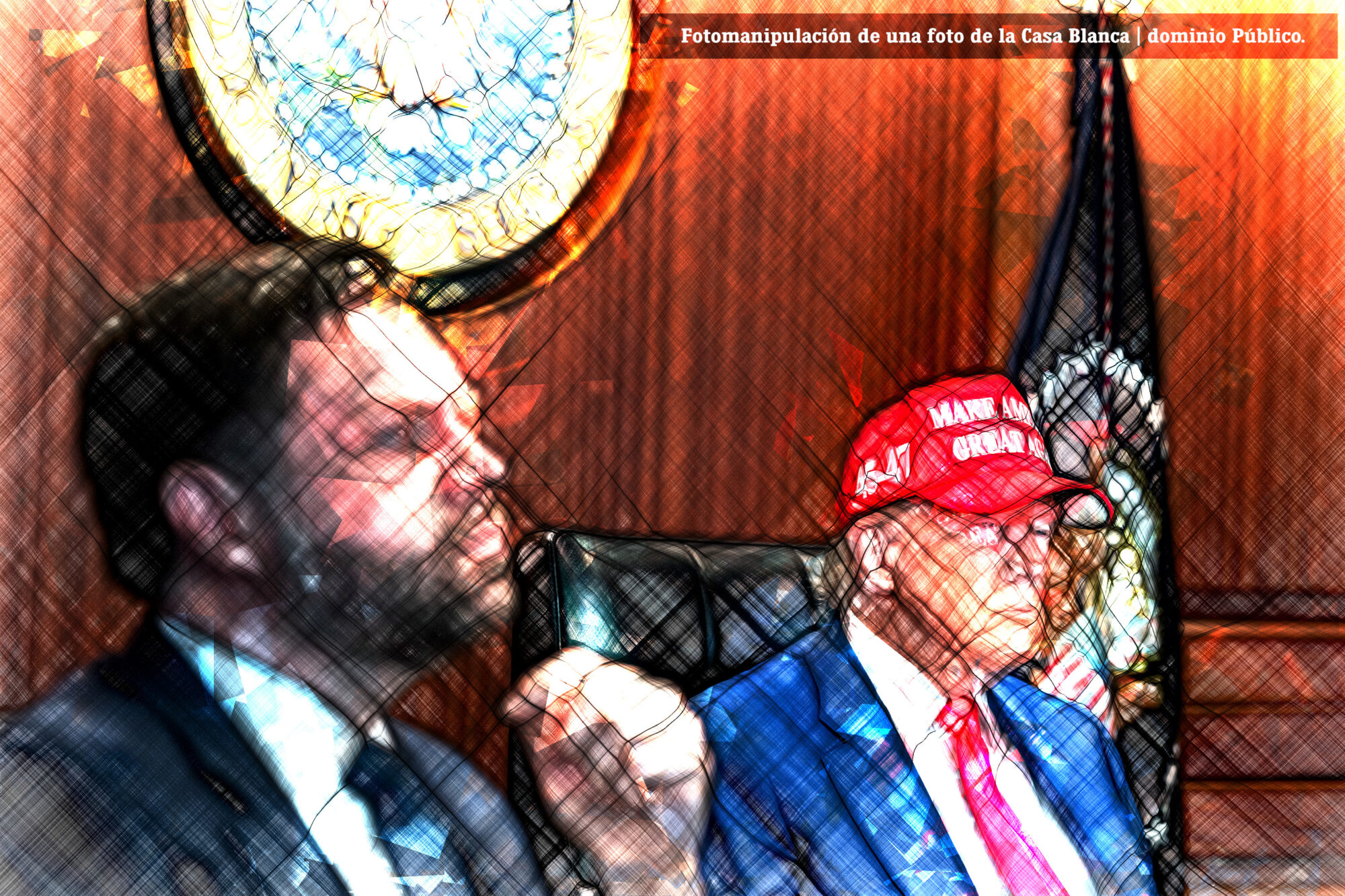 Fotomanipulación de Trump haciendo la guerra (foto base de la Casa Blanca, Dominio Público)