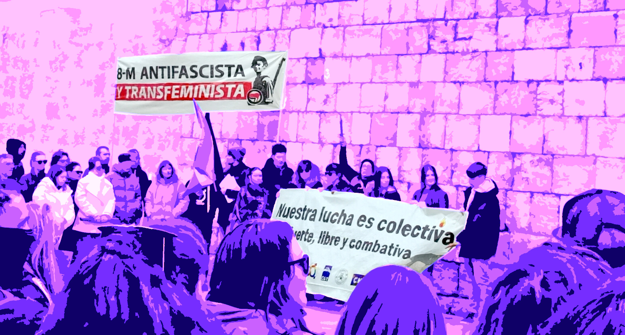 Fotomanipulación de una de las fotografías tomadas en la manifestación del 8M en el centro de Valladolid (2026)